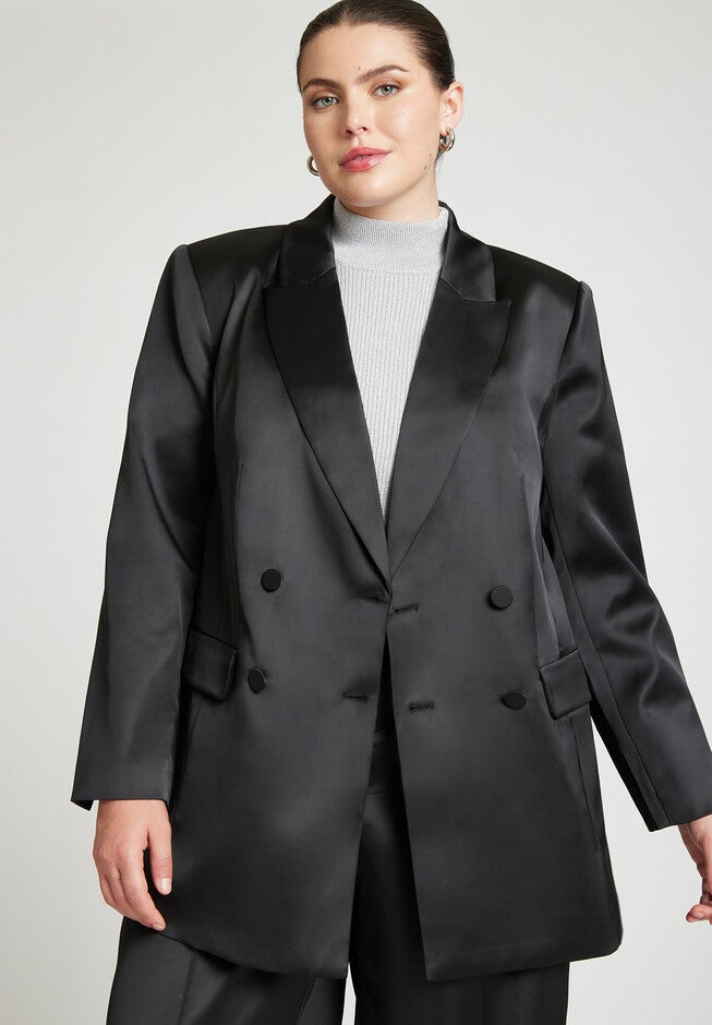 Satin Double Breasted Blazer, BLACK ONYX, on-hover image number null