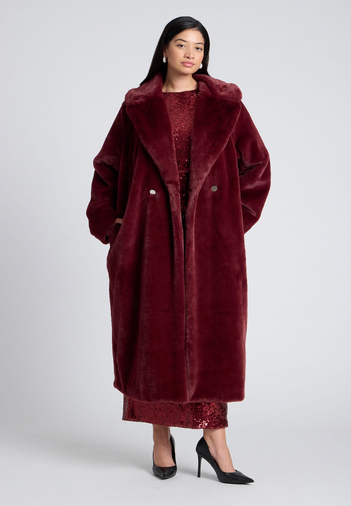 Ankle length faux fur coat top