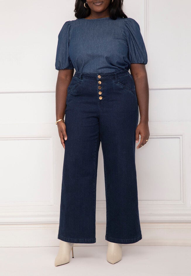 ELOQUII Elements Chambray Puff Sleeve Top With Scoop Back, , alternate image number null