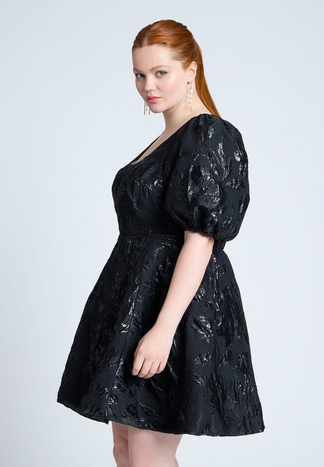 Balloon Skirt Brocade Mini Dress, BLACK ONYX, alternate image number 3