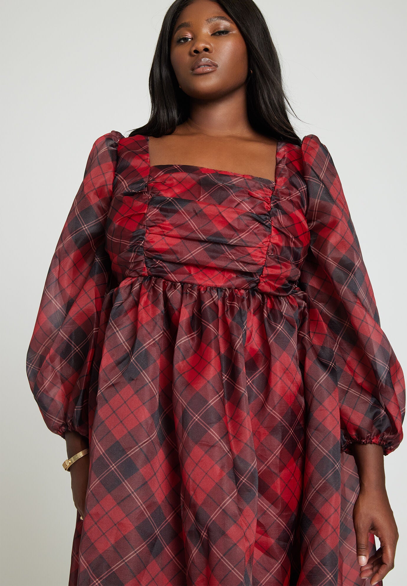 Plaid Puff Sleeve Midi Dress with Smocked Back, True Tartan | Eloquii 