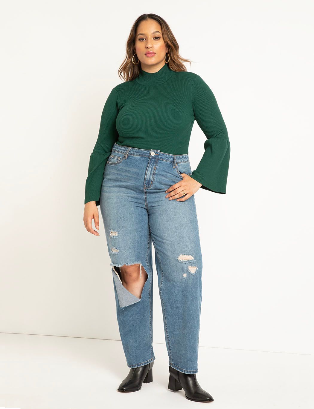 Striped Turtleneck Flare Sleeve Sweater