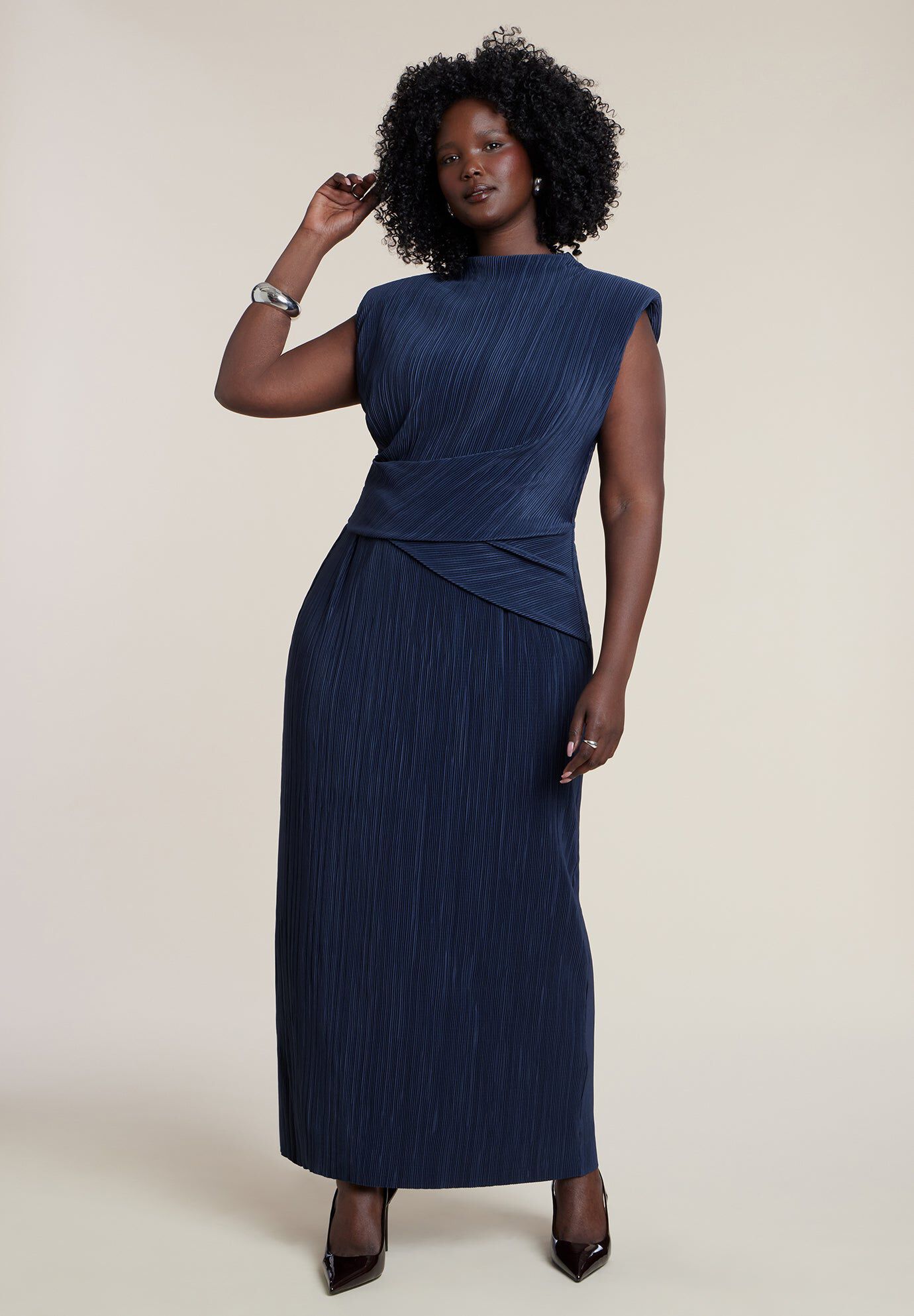 Draped Bodice Plisse Maxi Dress