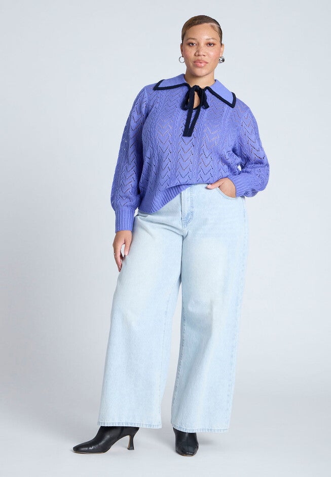 Collared Sweater With Tie, DEEP PERIWINKLE, alternate image number null