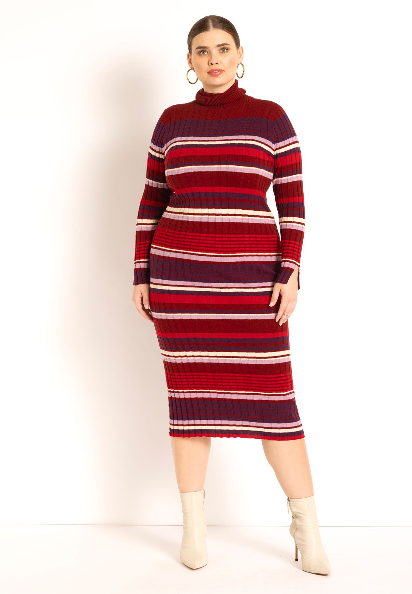 Plus Size Striped Print Below the Knee Sweater Sheath Turtleneck Sheath Dress