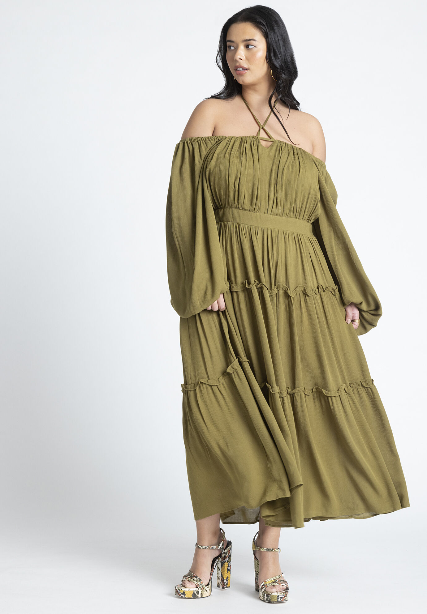 Plus Size Off the Shoulder Self Tie Cutout Tiered Maxi Dress With Ruffles