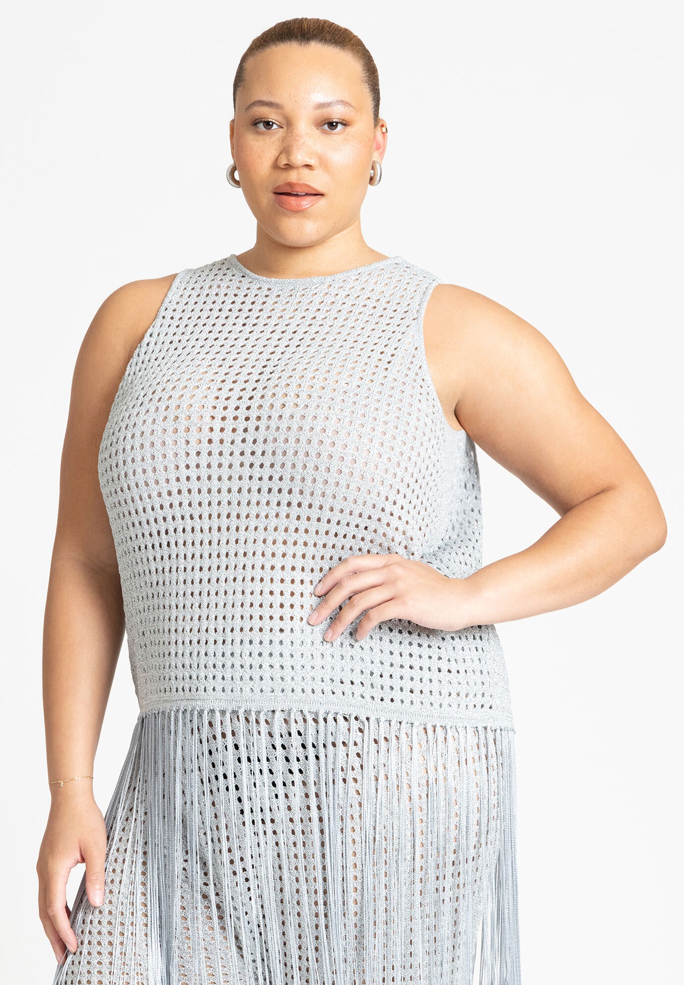 Crochet Fringe Sweater Tank - Sheer Crop, Silver | Eloquii