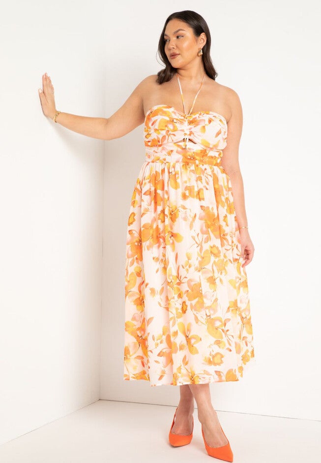 Printed Halter Dress, PEACHY BEGONIAS, hi-res image number null