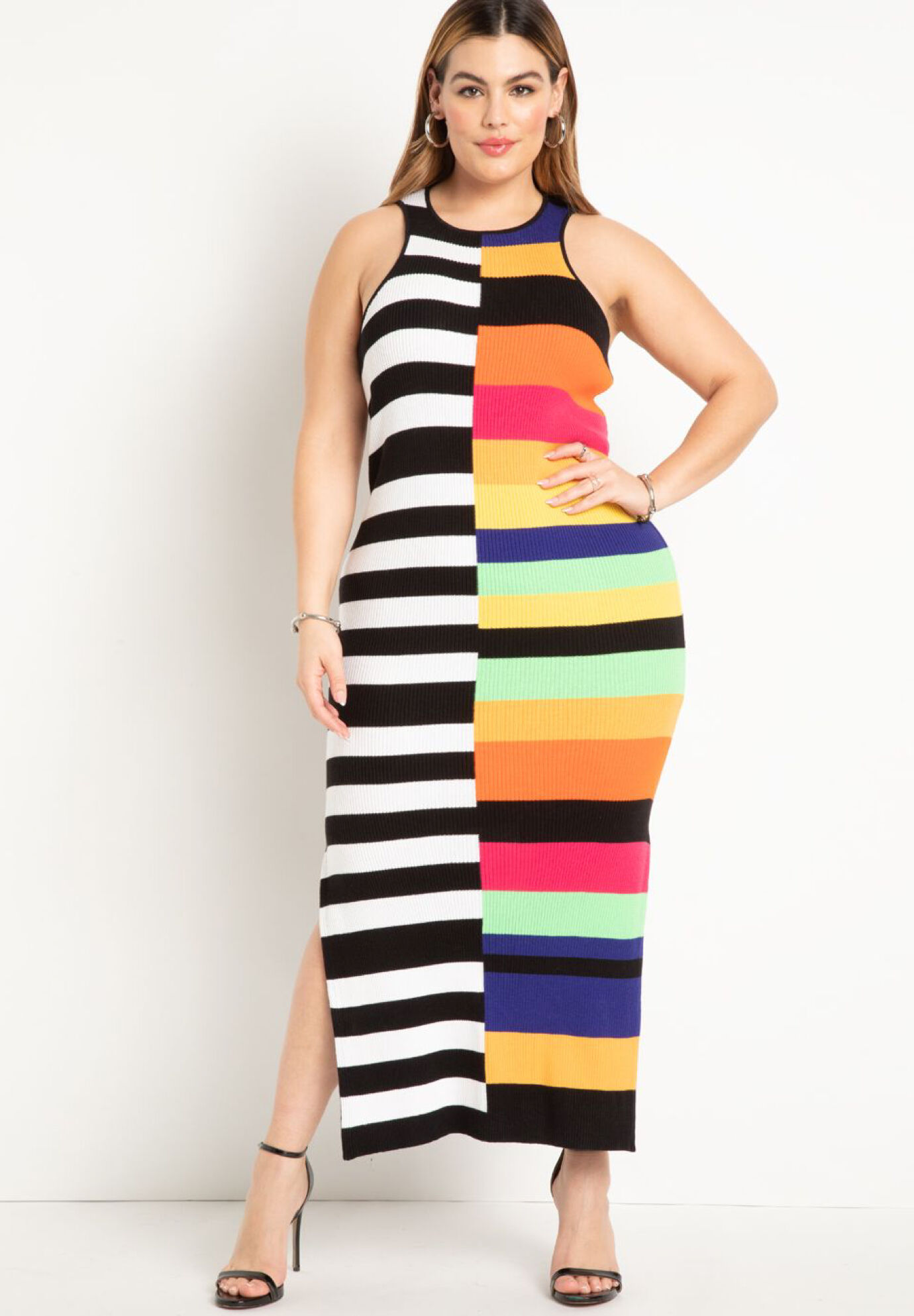 Plus Size Sweater Striped Print Ribbed Dress