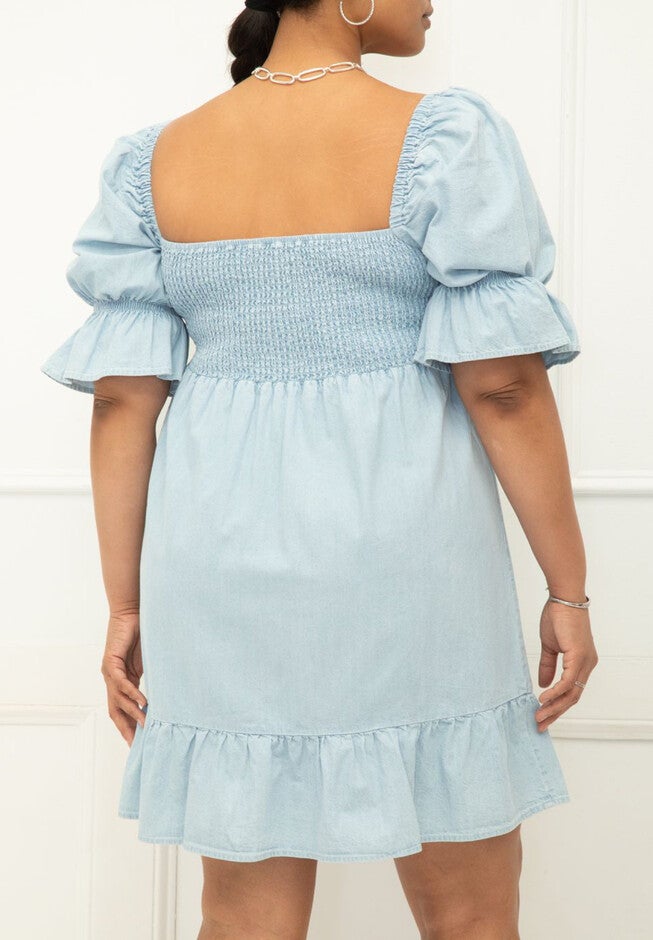 ELOQUII Elements Chambray Puff Sleeve Smocked Bodice Dress, , alternate image number null