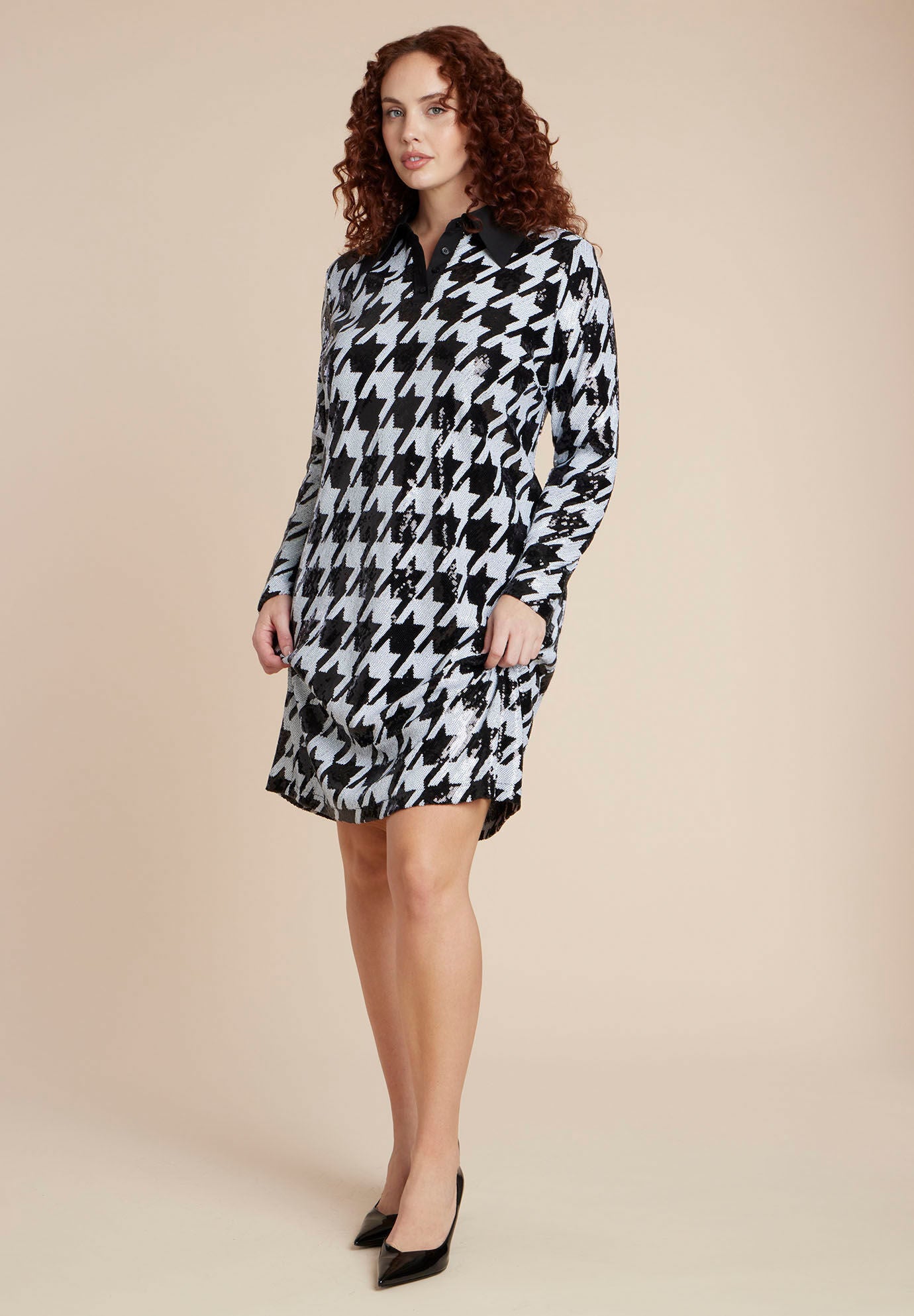  Houndstooth Sequin Mini With Collar, BLACK WHITE HOUNDSTOOTH, on-hover image number 1