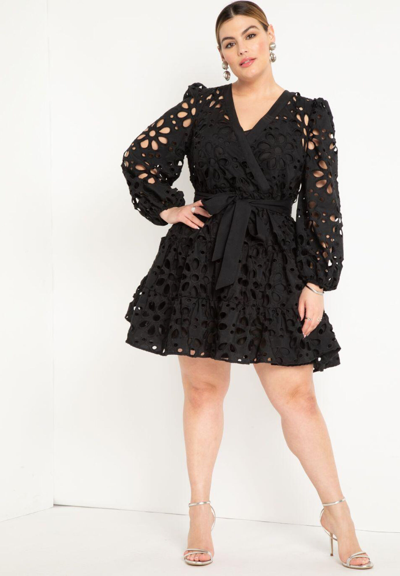 Plus Size V-neck Tiered Belted Below the Knee Elasticized Tie Waist Waistline Long Puff Sleeves Sleeves Spaghetti Strap Polyester Dress