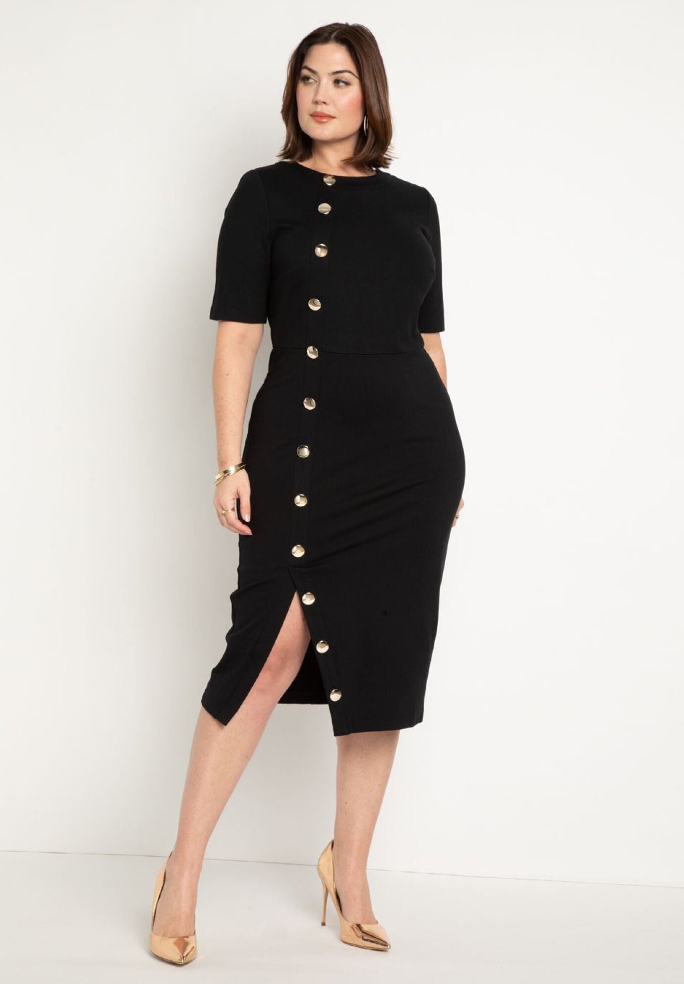 Button Front Workwear Bodycon Dress Black Onyx Eloquii