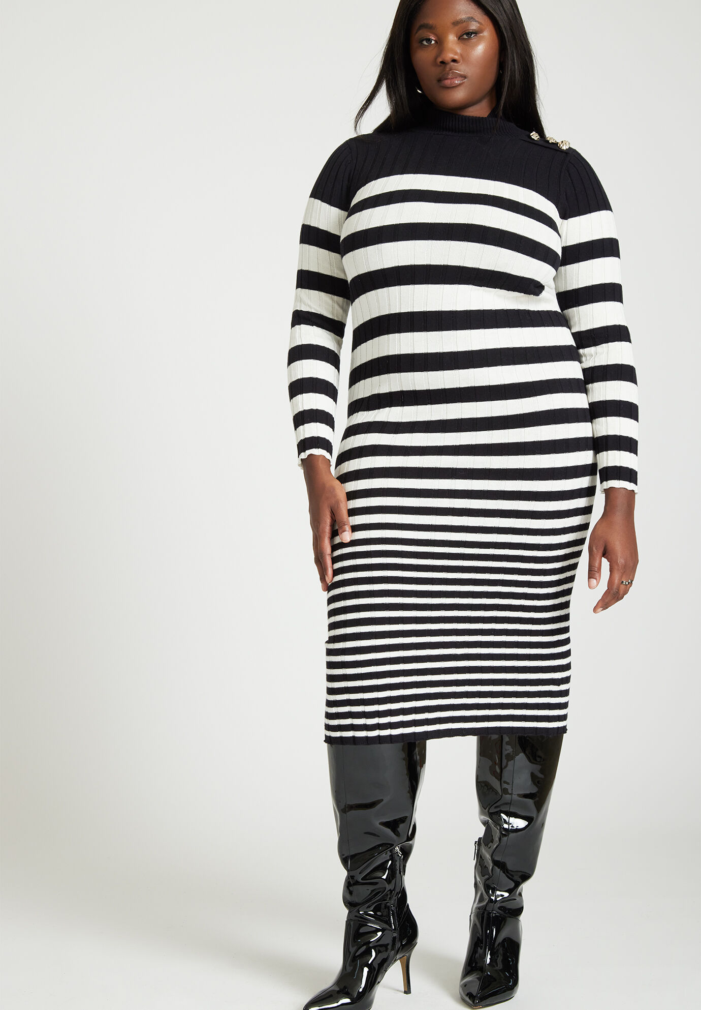 Plus Size Sweater Ribbed Fitted Turtleneck Cotton Striped Print Dress