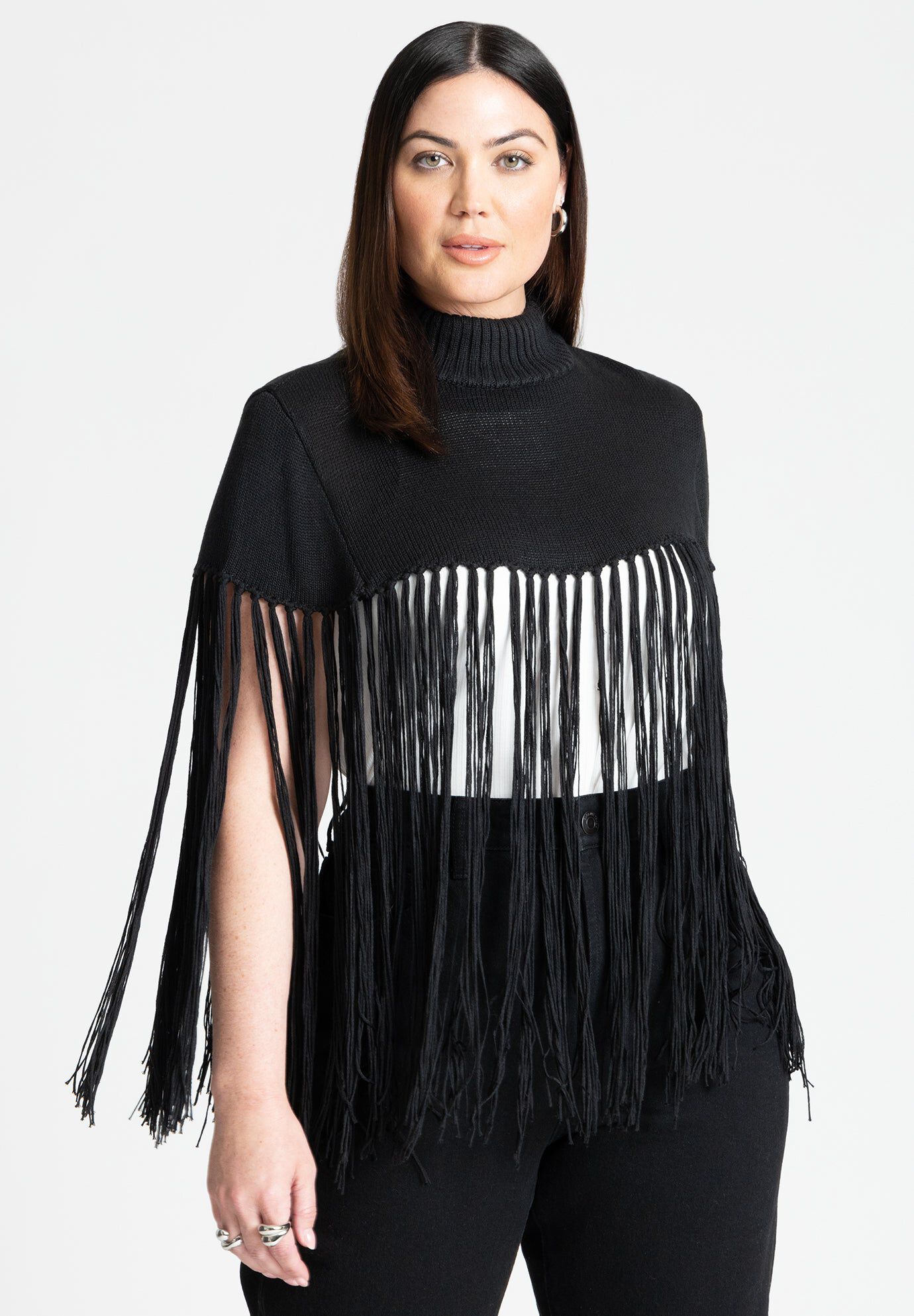 Fringe Half Sweater – Mock Neck Pullover, Black Onyx | ELOQUII