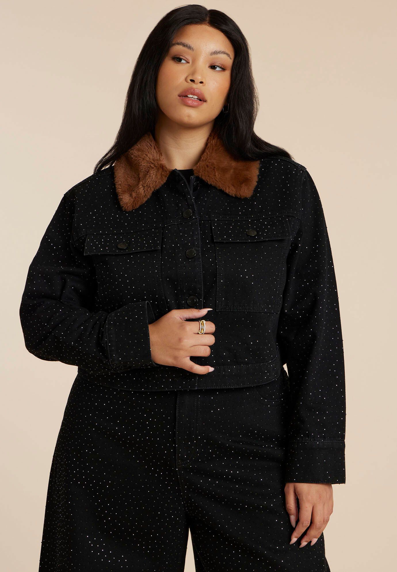 Embellished Denim Jacket With Fur Collar