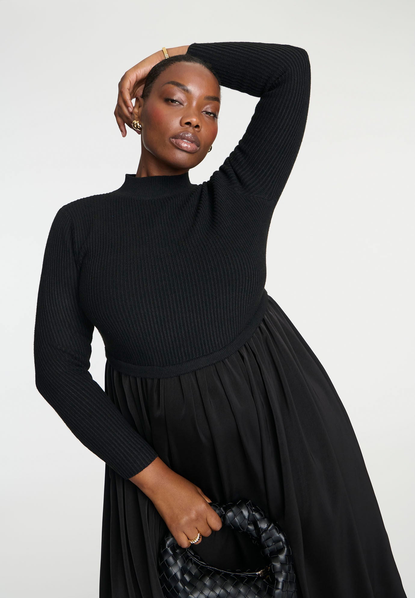 Mockneck Tucks Midi Dress