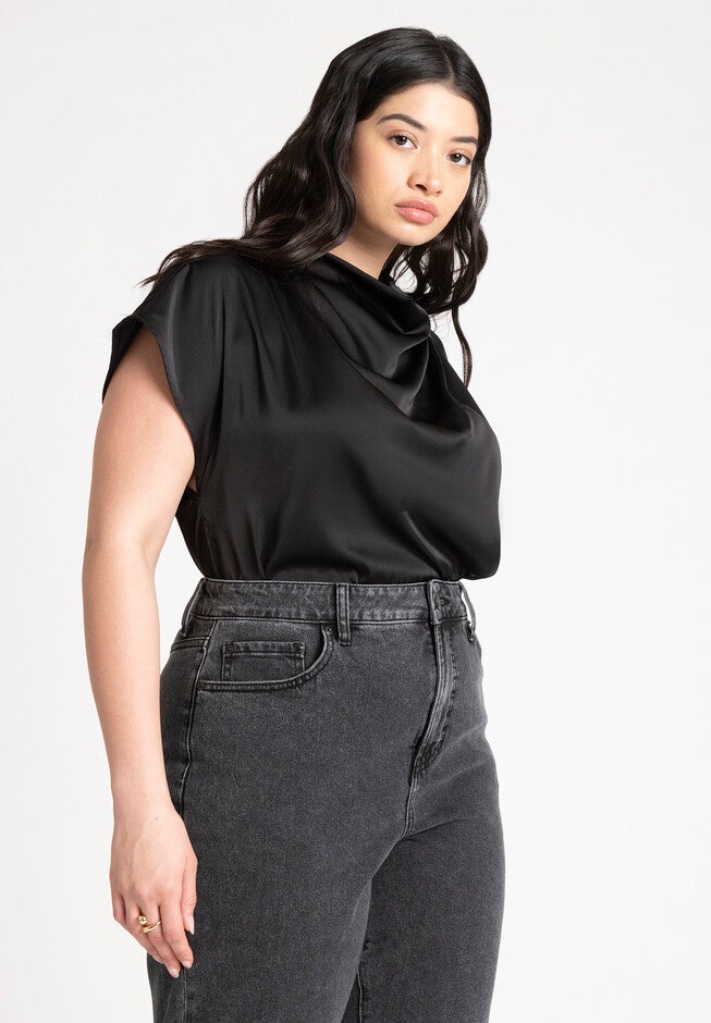 Pleat Detail Satin Shirt, BLACK ONYX, on-hover image number null
