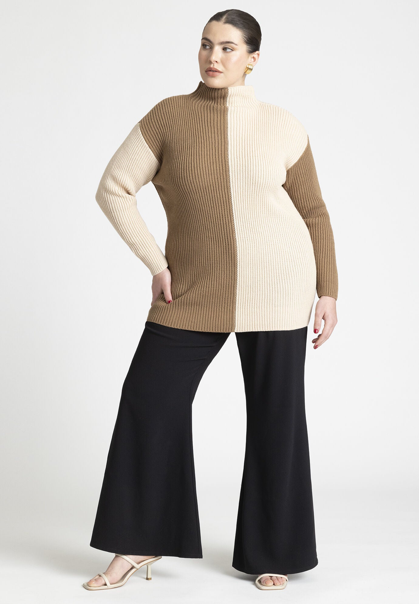 Color Block Mock Neck Loose Lazy Style Knit Sweater main image 0