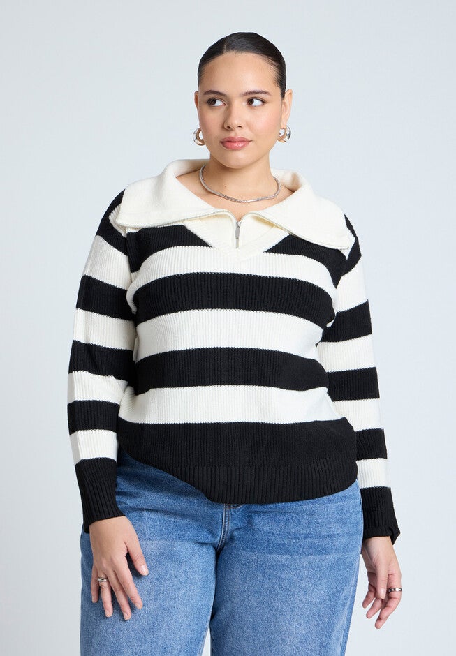 Striped Quarter Zip Sweater, BLACK WHITE, hi-res image number null