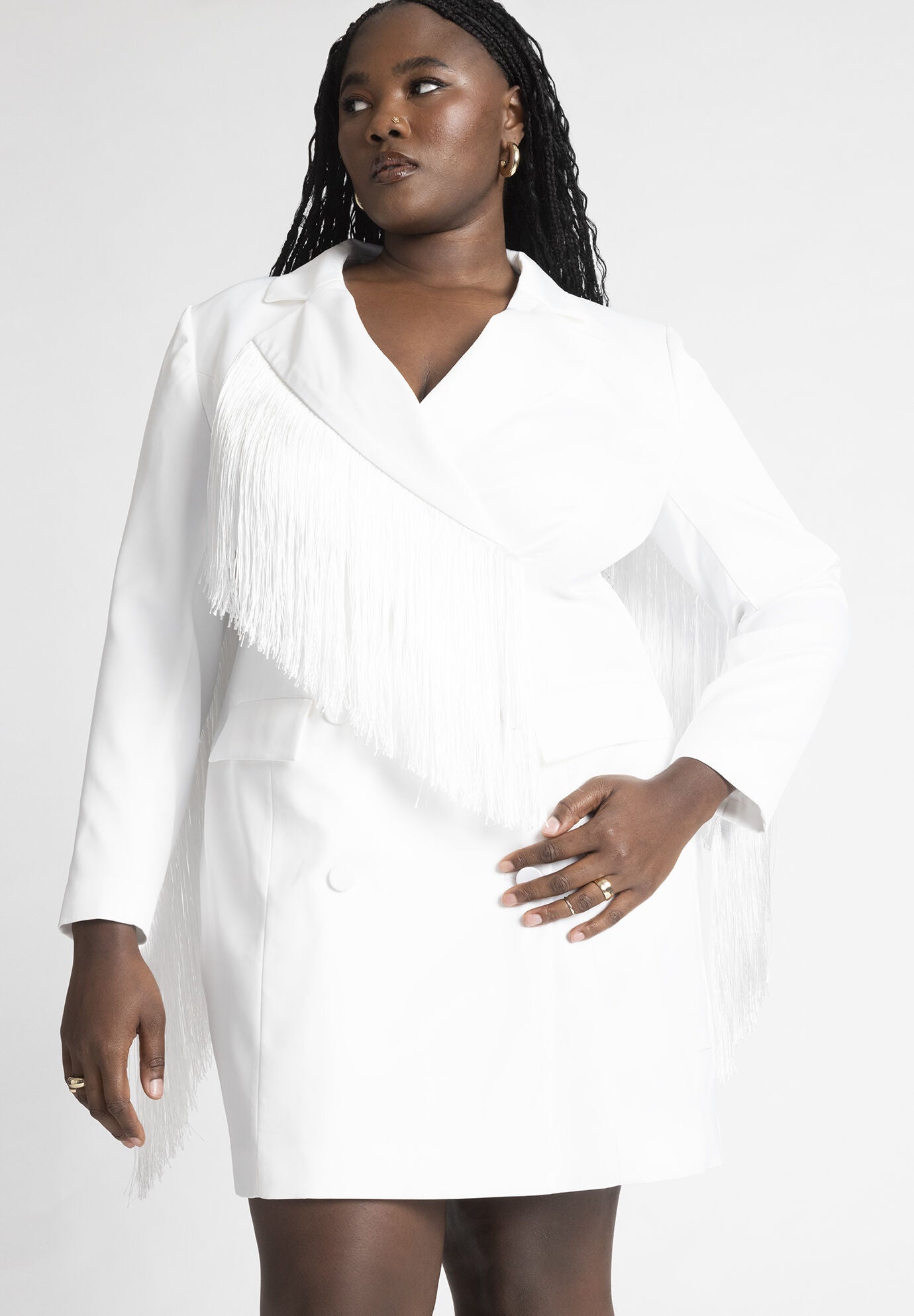 White fringe blazer dress 2025