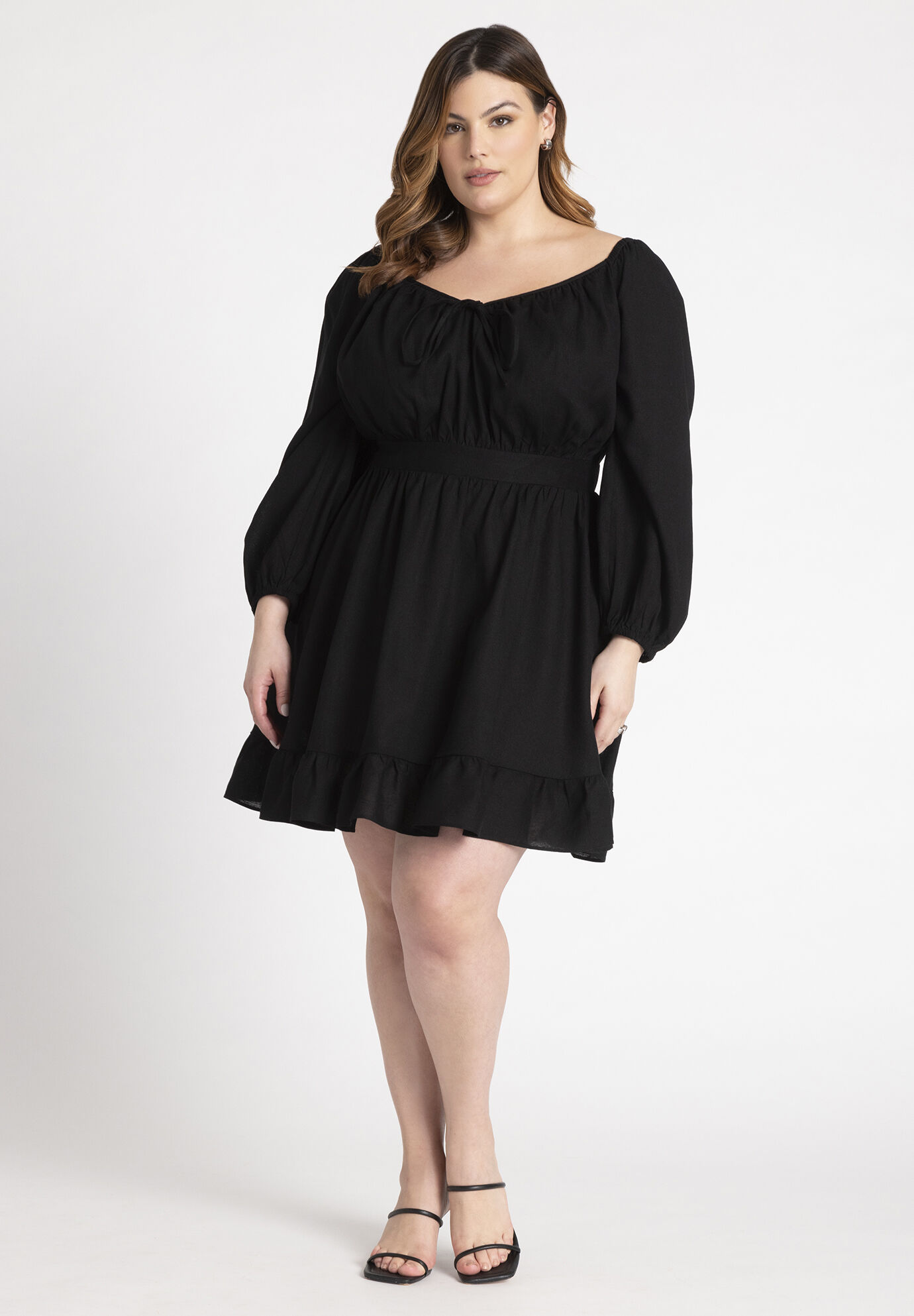 Plus Size Puff Sleeves Sleeves Elasticized Waistline Shirred Short Dress