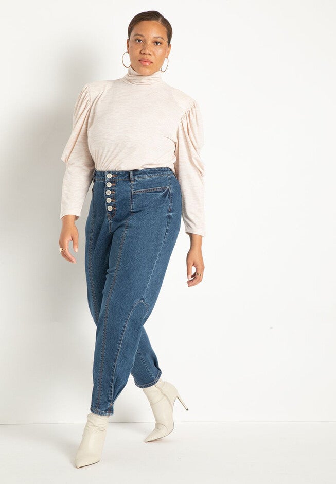 Button Front Barrel Leg Jean, MEDIUM WASH, hi-res image number null