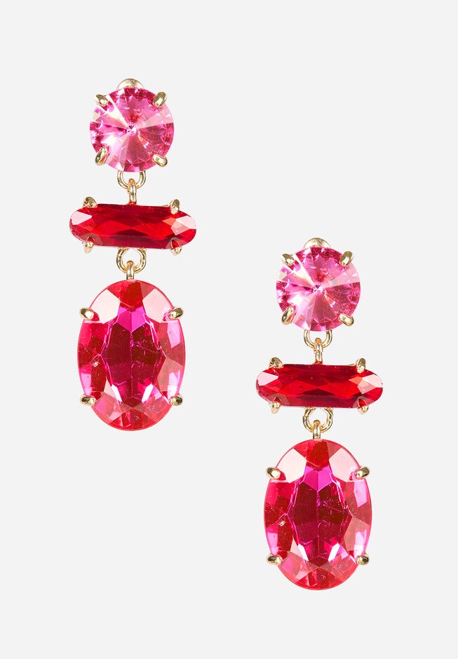 Three Gem Drop Earrings, RED AND PINK, hi-res image number null