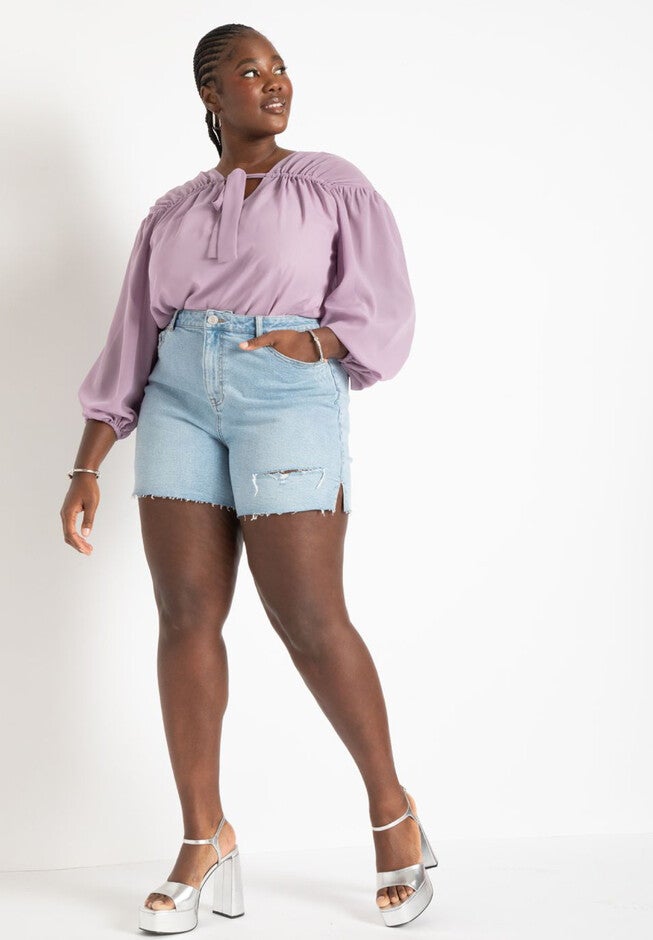 Distressed Split Hem Shorts, , alternate image number null