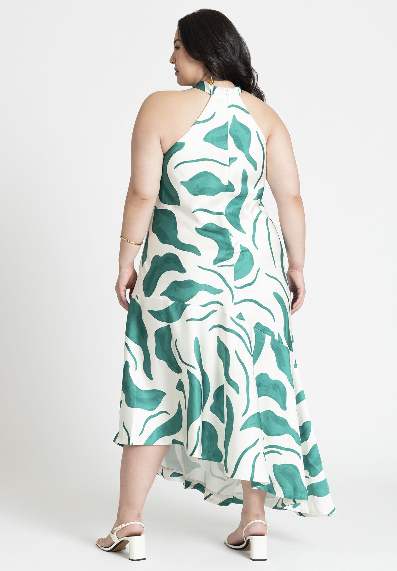 Asymmetrical satin maxi dress with deep envelope neckline, flared cut, and covered back zipper main image 0