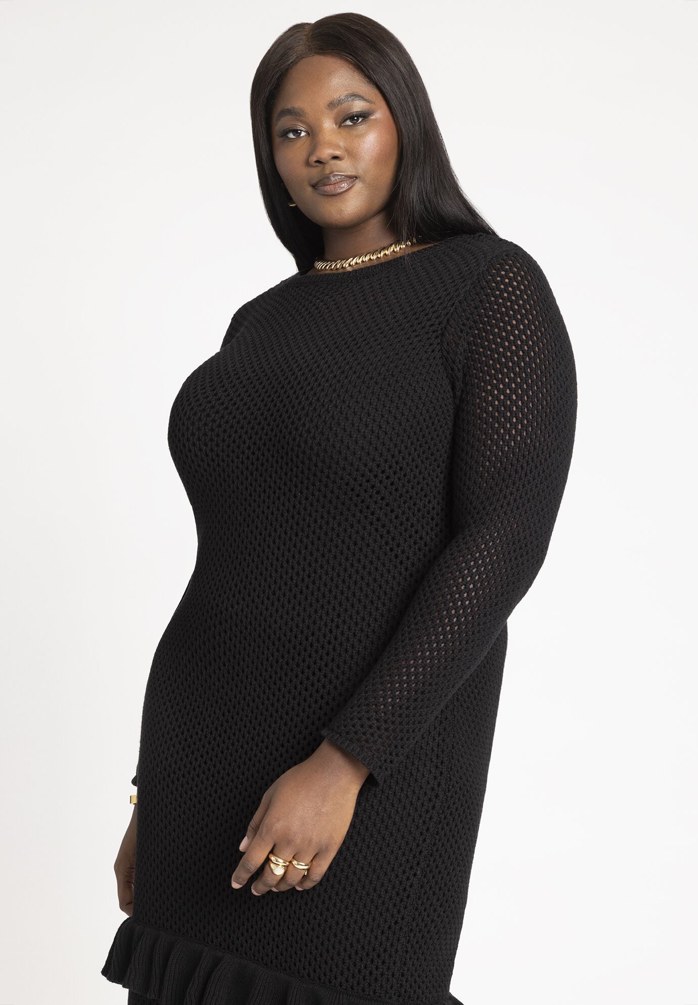 Crochet Open Stitch Maxi Dress With Ruffles, BLACK ONYX, alternate image number 2