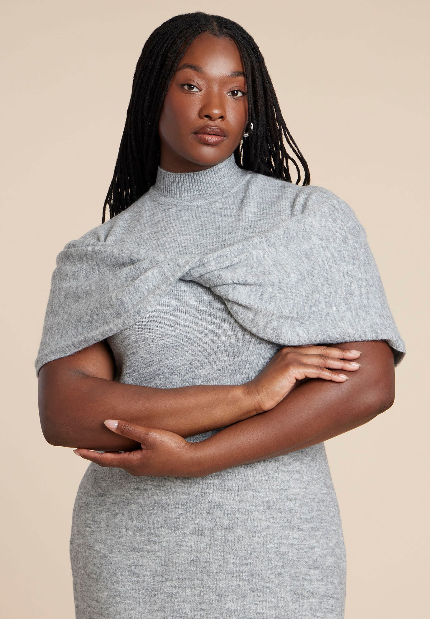 Twist Front Cape Sweater Dress, GREY, alternate image number 2