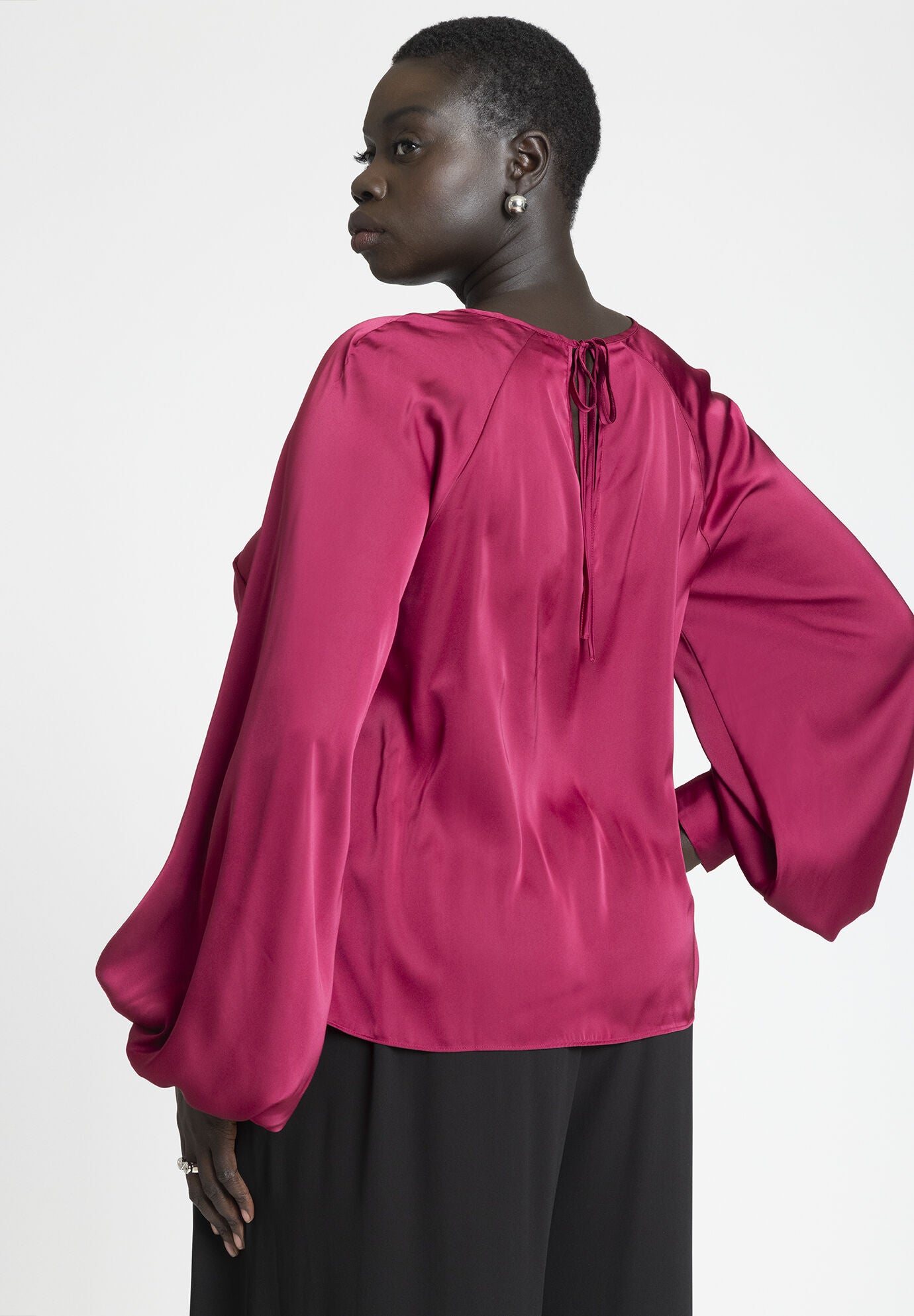 Poet Sleeve Satin Blouse with Tie Back 4472955 Eloquii