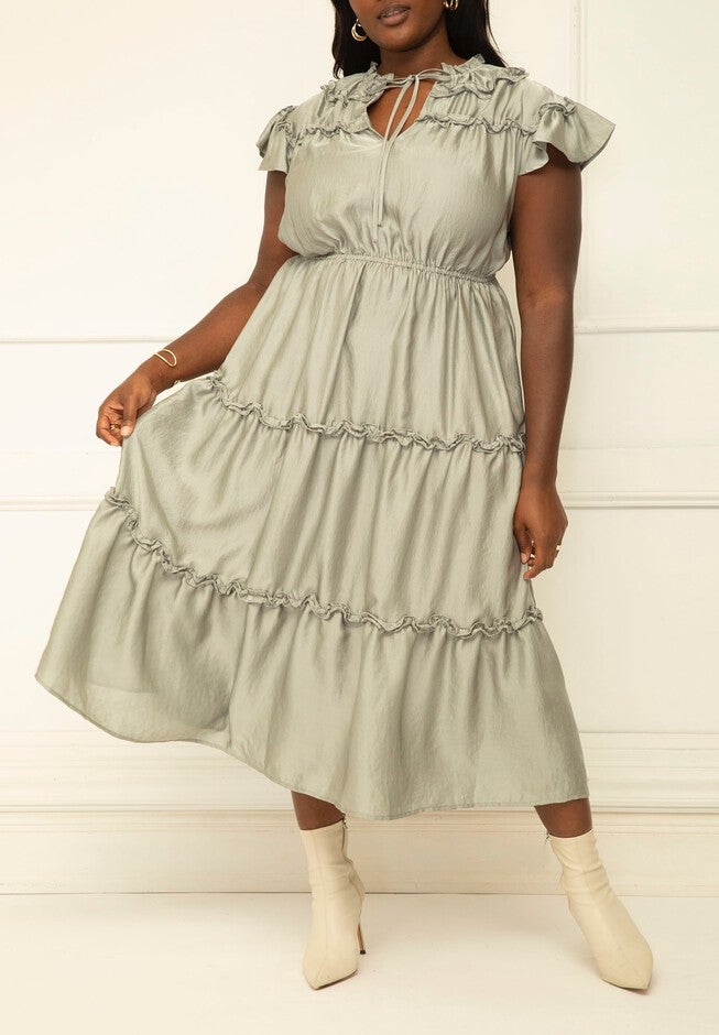 ELOQUII Elements Ruffle Sleeve Yoke Detail Tiered Dress, WROUGHT IRON, hi-res image number null
