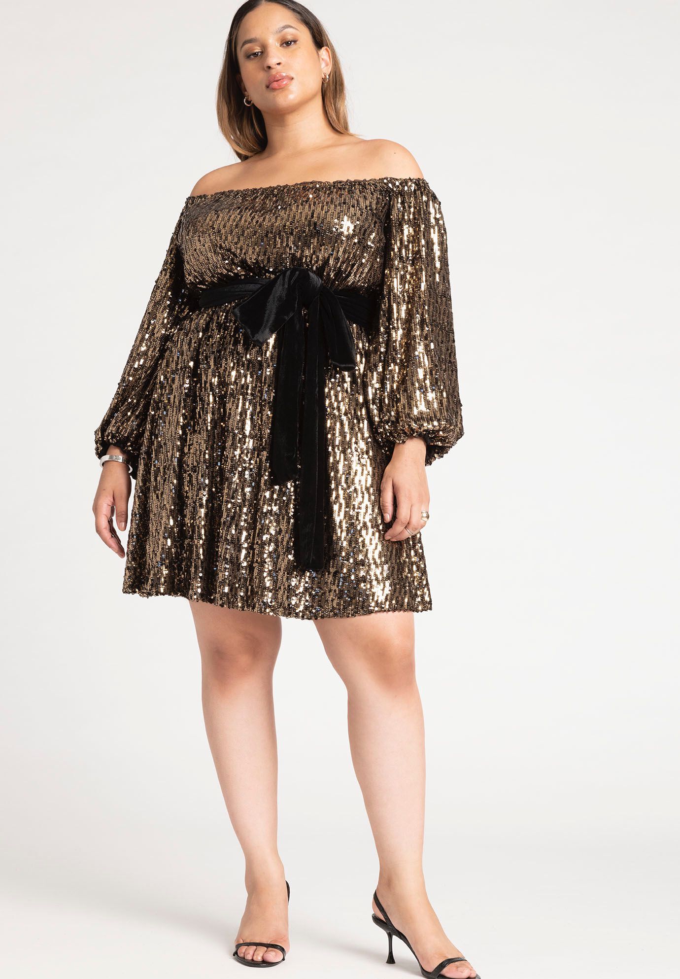 Plus Size Fit-and-Flare Bishop Sleeves Off the Shoulder Sequined Short Dress With a Bow(s)