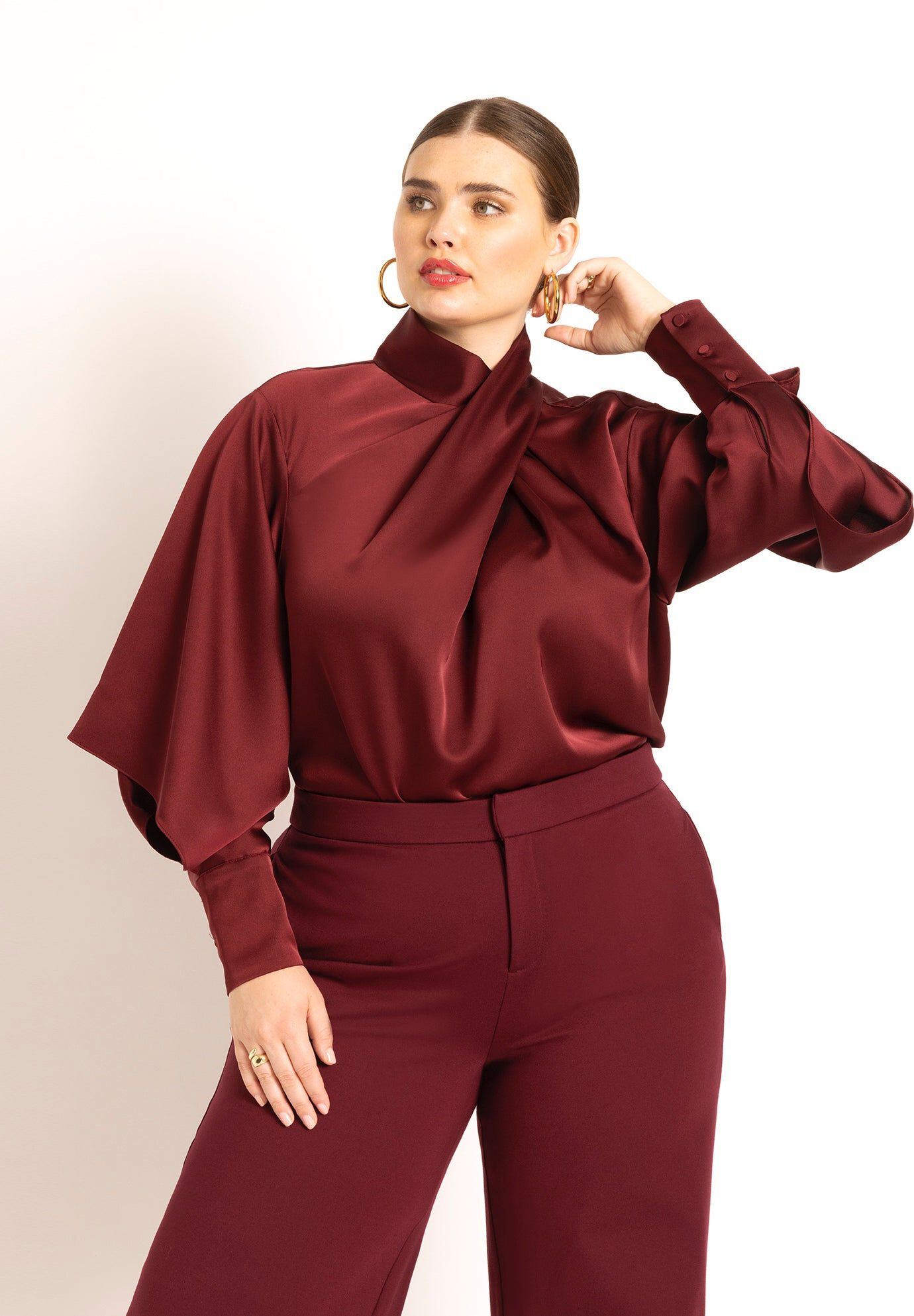 トップス deres bottle neck drape blouse Draped Neck Satin Blouse - Easy Fit High Neck, Zinfandel | ELOQUII