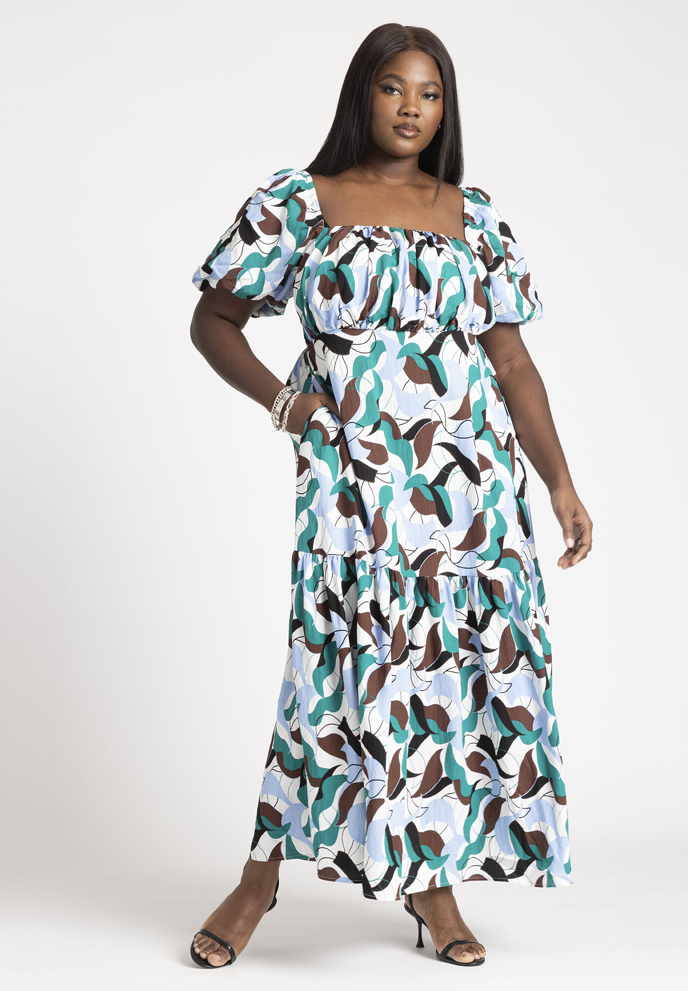Plus Size Puff Sleeves Sleeves Pocketed Tiered Smocked Maxi Dress