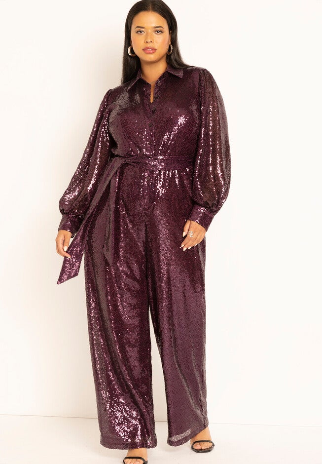Sequin Jumpsuit With Collar, , on-hover image number null