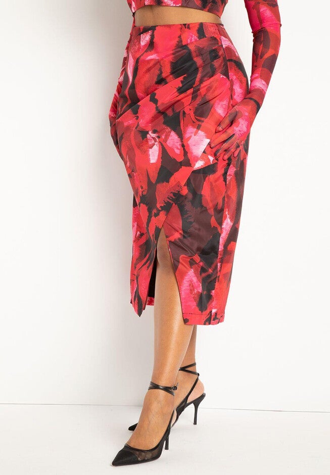 Printed Pleat Detail Midi Skirt, , on-hover image number null