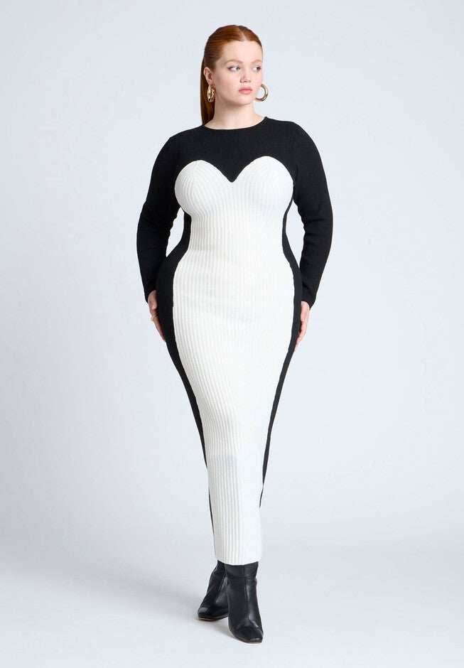 Midi Sweater Dress With Colorblocked, BLACK AND WHITE, hi-res image number null