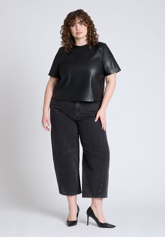 Boxy Faux Leather Top, BLACK ONYX, alternate image number null