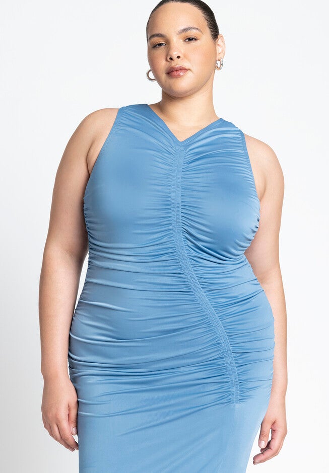 Ruched Dress W Slit, BLUE SHADOW, alternate image number null