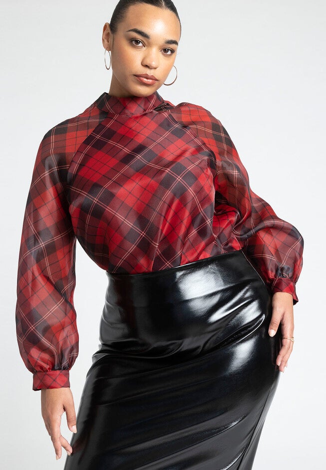 Raglan Sleeve Plaid Mock Neck Blouse, , on-hover image number null