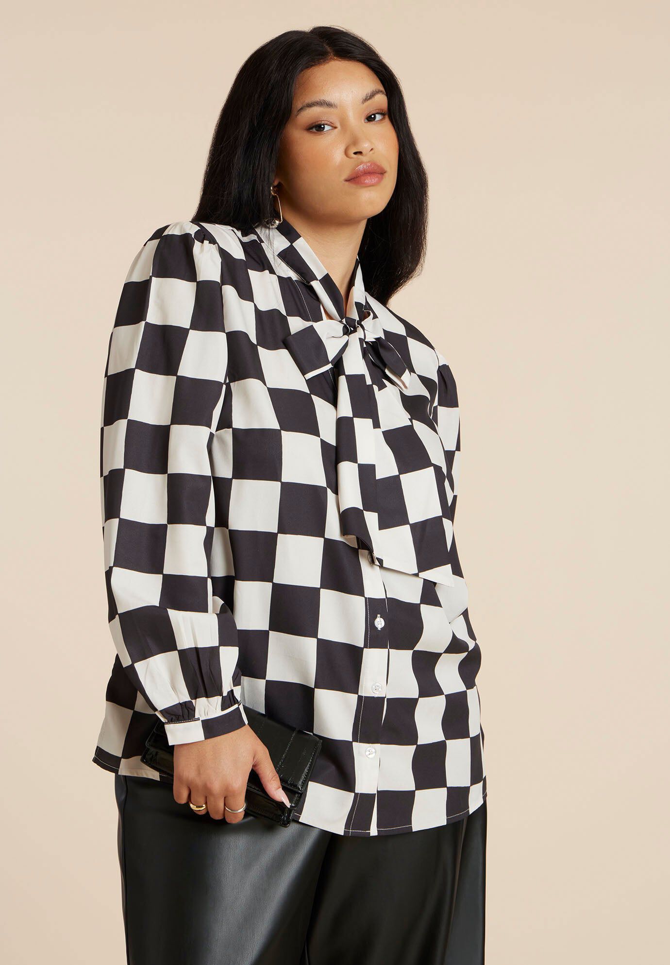 Printed Tie Neck Blouse - Puff Sleeve, Checkered | ELOQUII