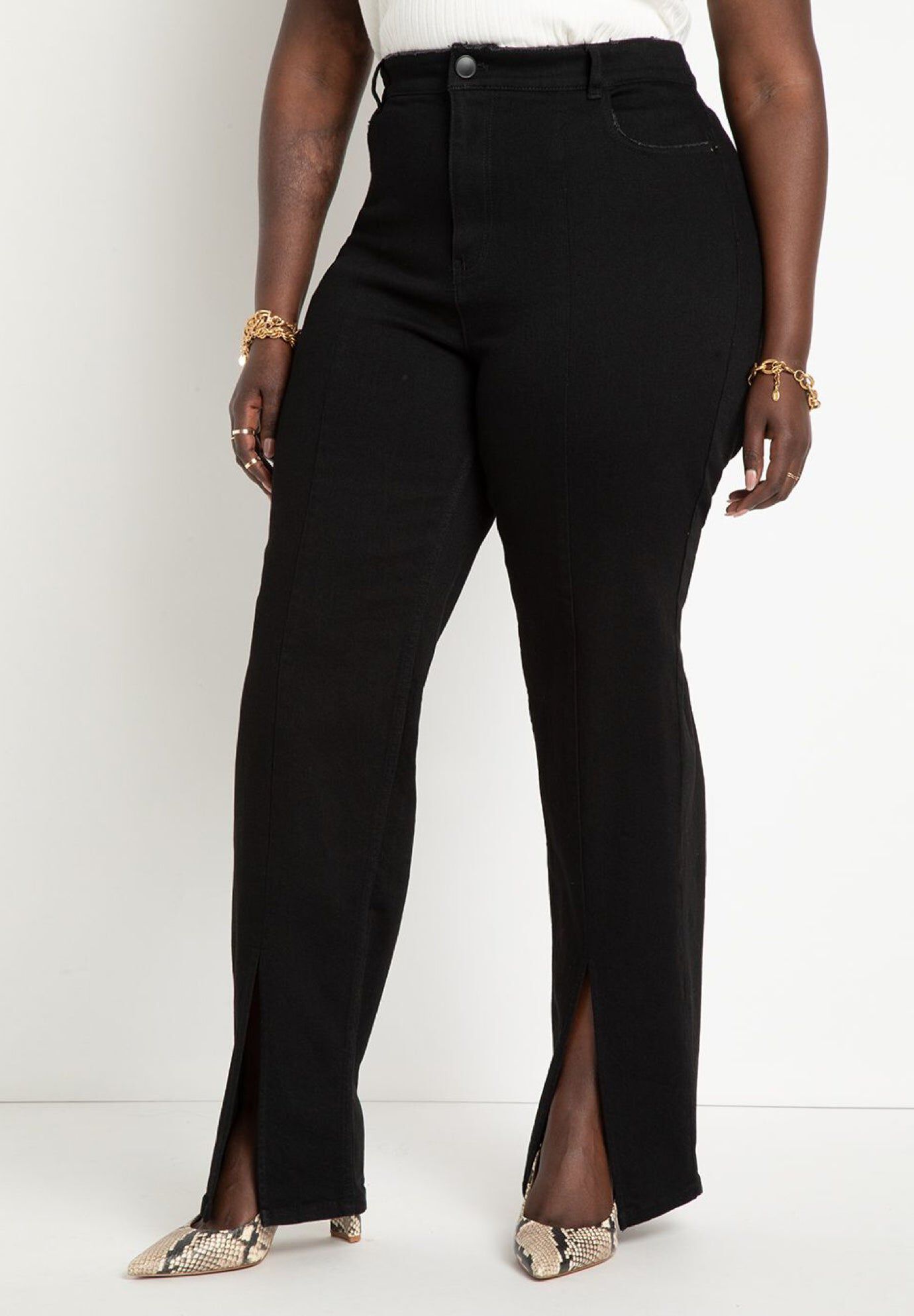 Front Split Hem Jean - High Rise Straight, Black | ELOQUII