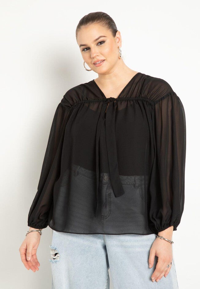 Tunnel Detail Chiffon Blouse, BLACK ONYX, hi-res image number null