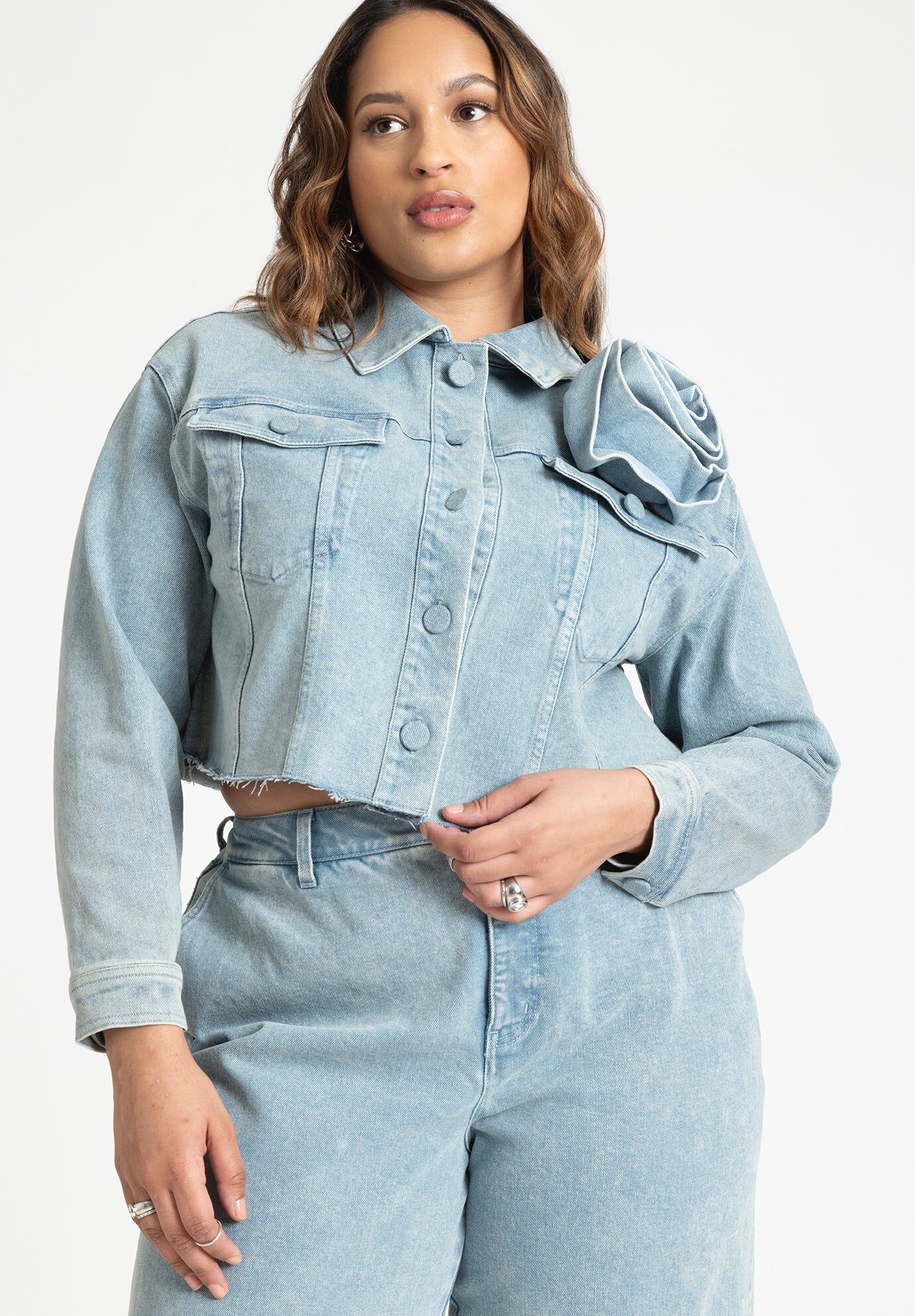 Denim Rosette Cropped Jacket, LIGHT WASH, hi-res image number 0