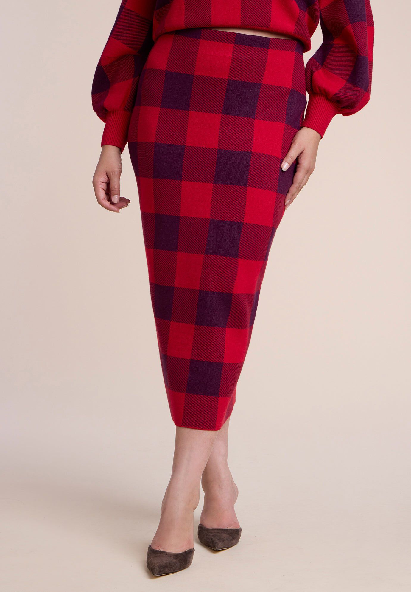 Plaid Intarsia Sweater Midi Skirt