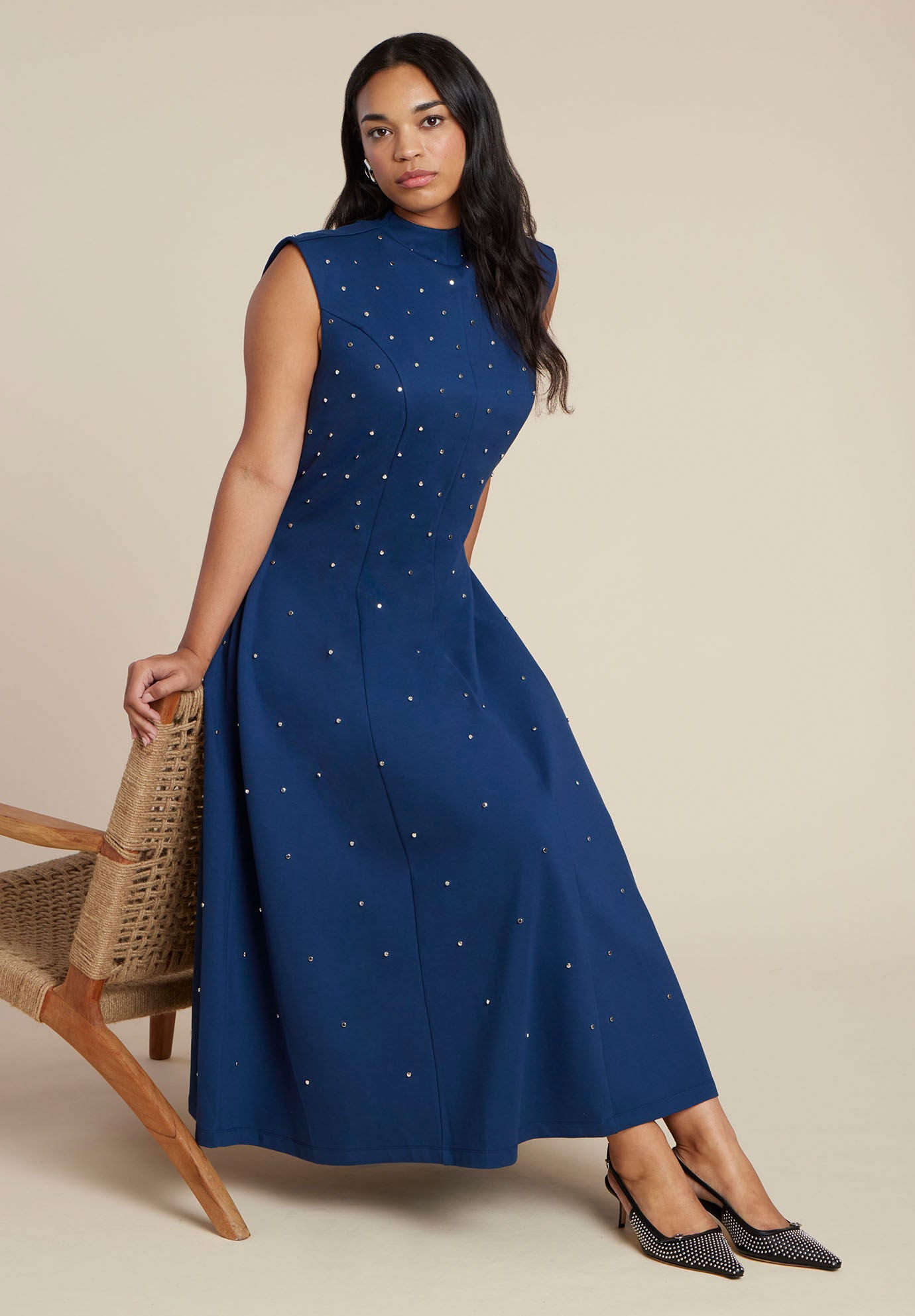 Stud Detail Ponte Midi Dress, TITAN BLUE, on-hover image number 1