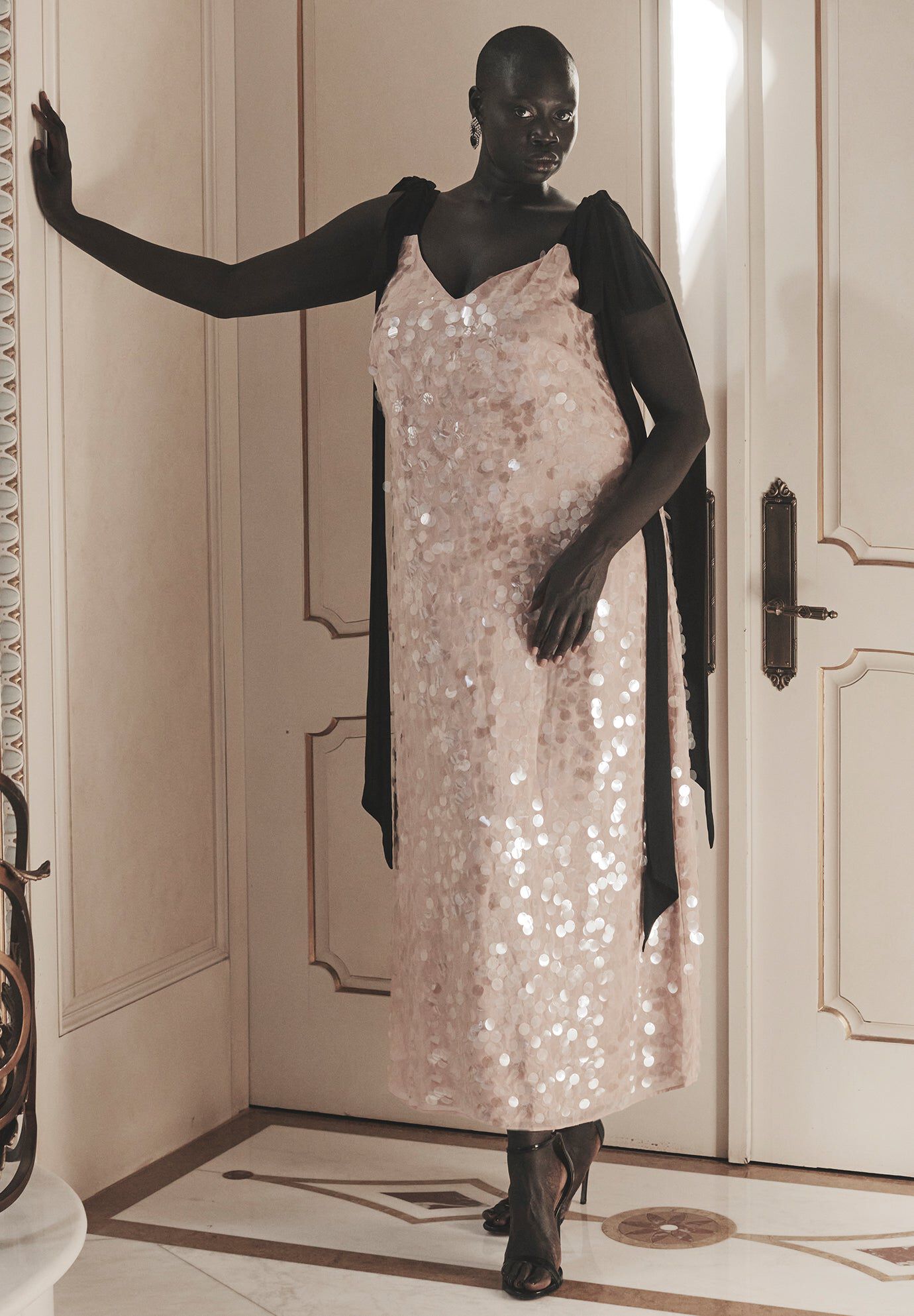 Sequin Midi Dress with Bows, Misty Rose | ELOQUII